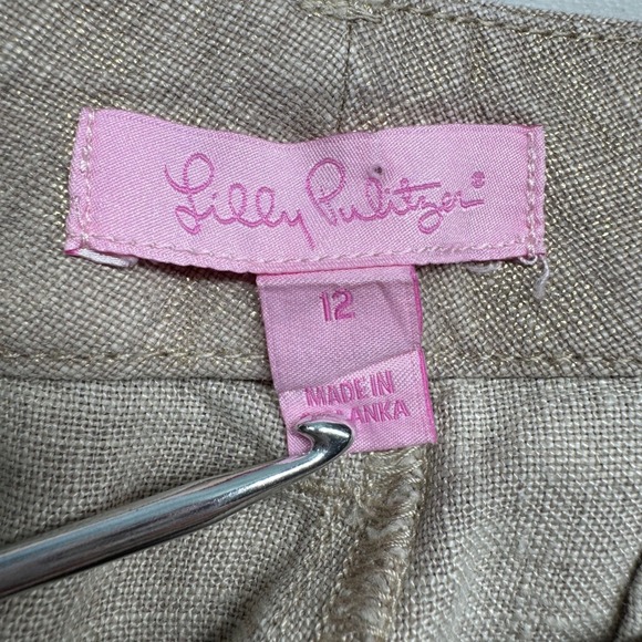 Lilly Pulitzer Womens Size 12 Linen Pants Beige Gold Shimmer Trousers Midrise - Picture 2 of 7
